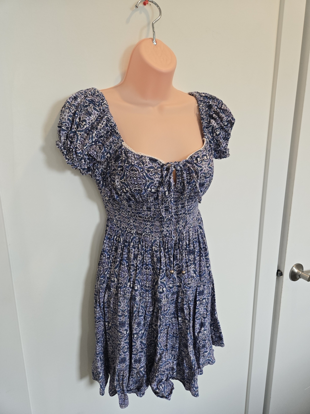 Angie Navy Floral Smocked Puff-Sleeve Mini Dress